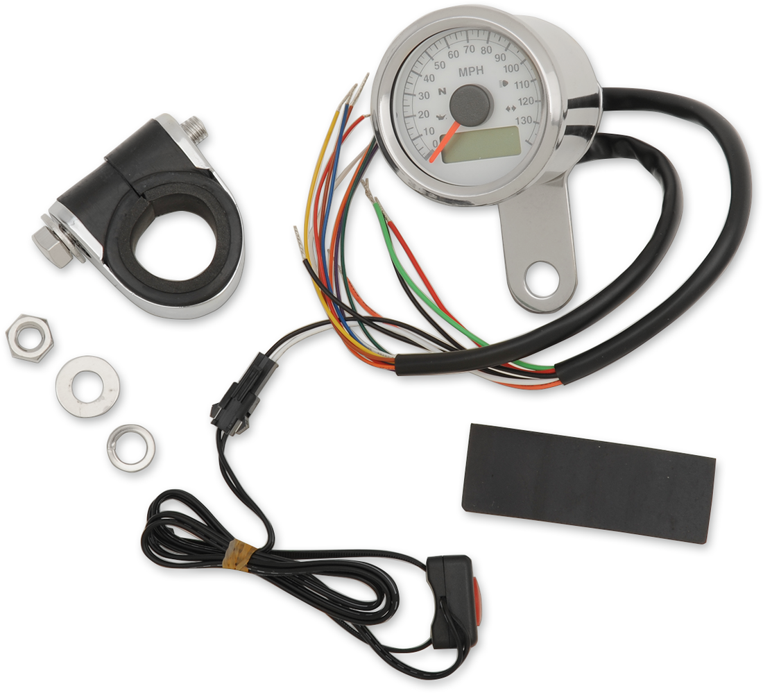 2210-0417 - DRAG SPECIALTIES Programmable Speedometer with Indicator Lights - Stainless Steel - 120 MPH LED White Face - 1-7/8" 77759W