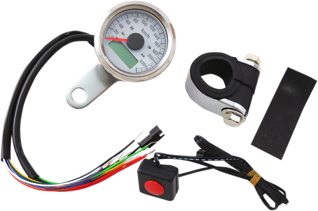 2210-0419 - DRAG SPECIALTIES 1-7/8" Programmable Speedometer with Indicator Lights - Stainless Steel - 220 KPH LED White Face 77759WK