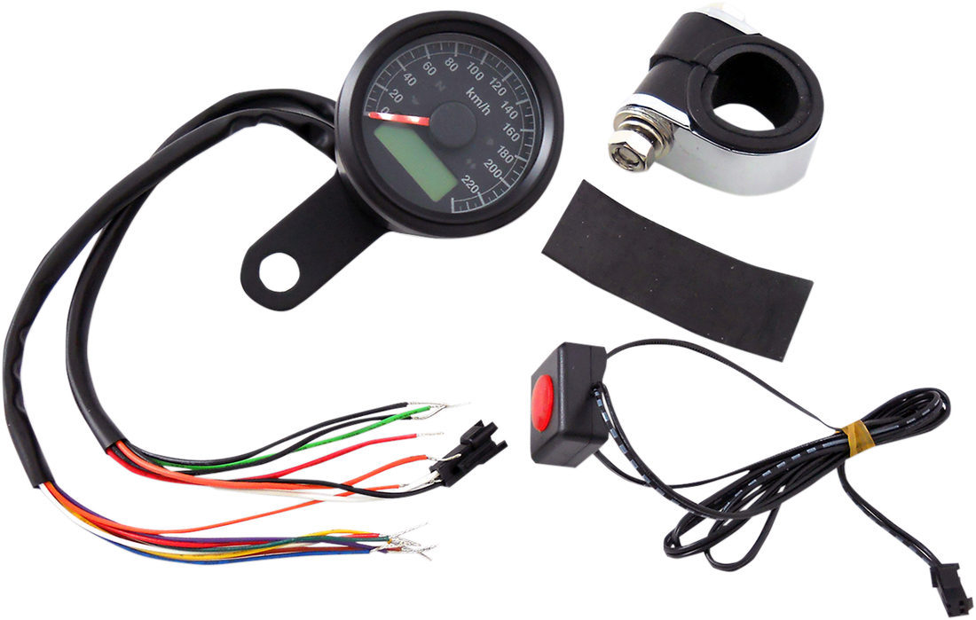 2210-0422 - DRAG SPECIALTIES 1-7/8" Programmable Speedometer with Indicator Lights - Gloss Black - 220 KPH LED Black Face 77902K