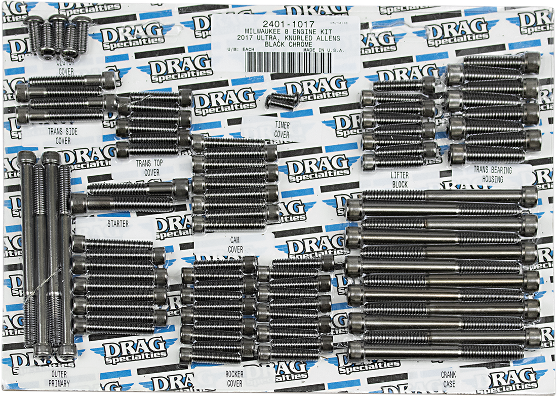 2401-1017 - DRAG SPECIALTIES Engine Set Knurled Bolt Kit - Black/Chrome - M8 MK775BK