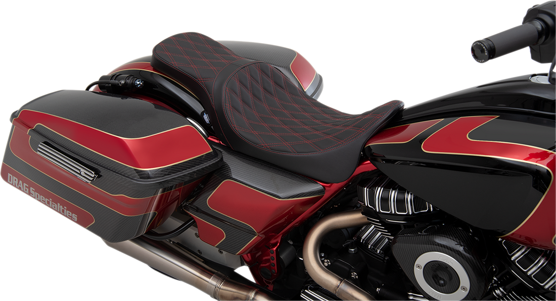 0801-1267 - DRAG SPECIALTIES Forward Positioned Predator 2-Up Seat - Double Diamond - Red Stitched 0801-1267